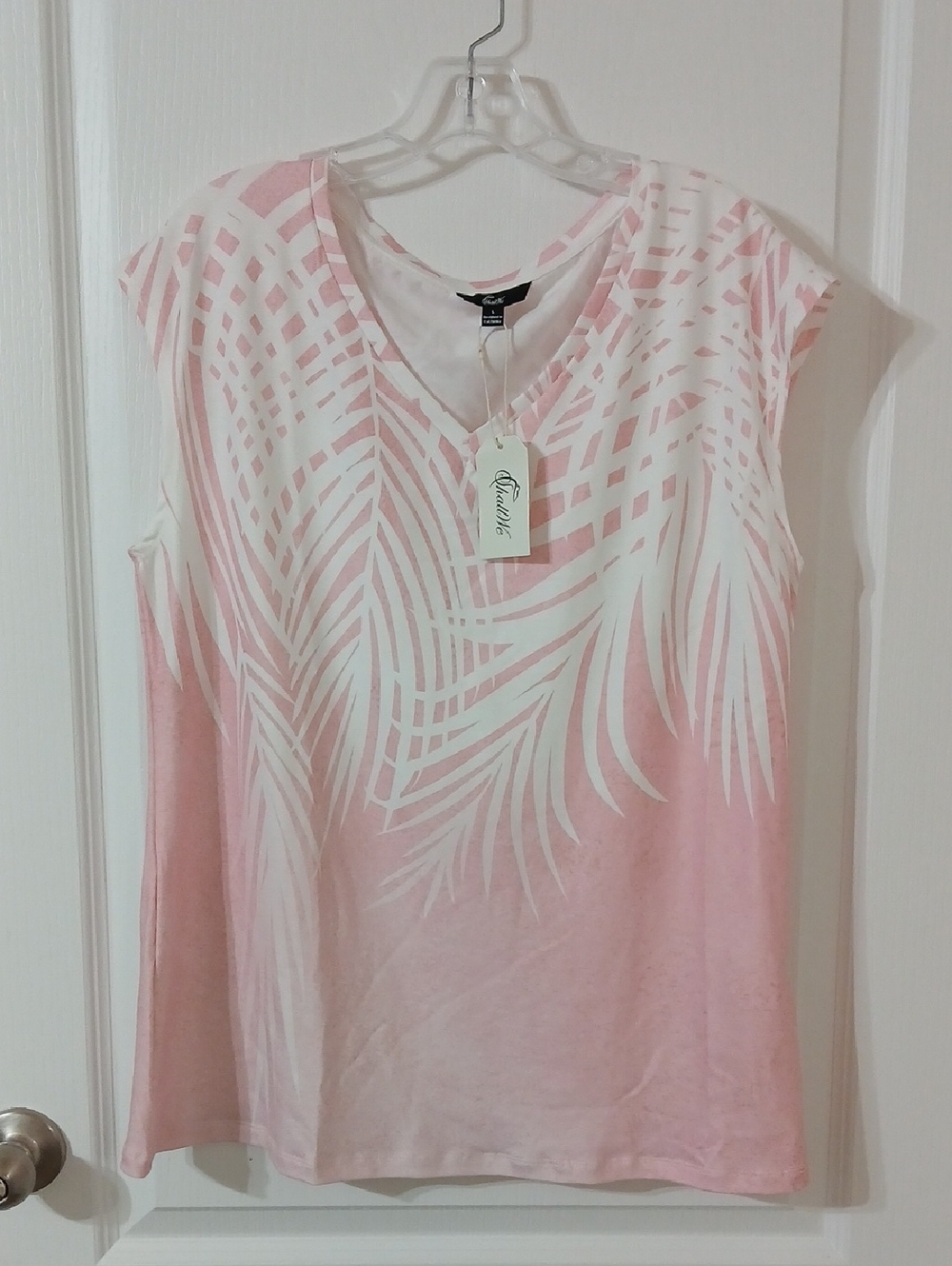 Pink and White Palm-Print V-Neck Top